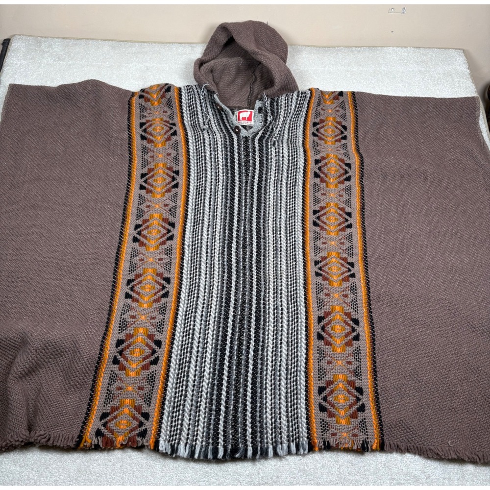 Milmarte Ecuador 100% Wool Hooded Poncho Brown Women's Tribal Fringed One Size